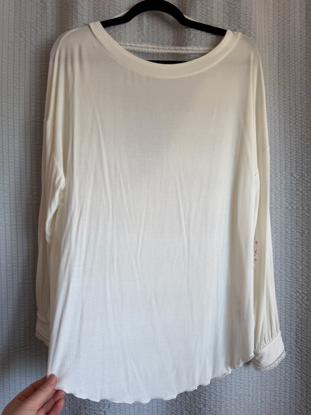 Free People Cream Ribbed Long-Sleeve Scoop Neck Top